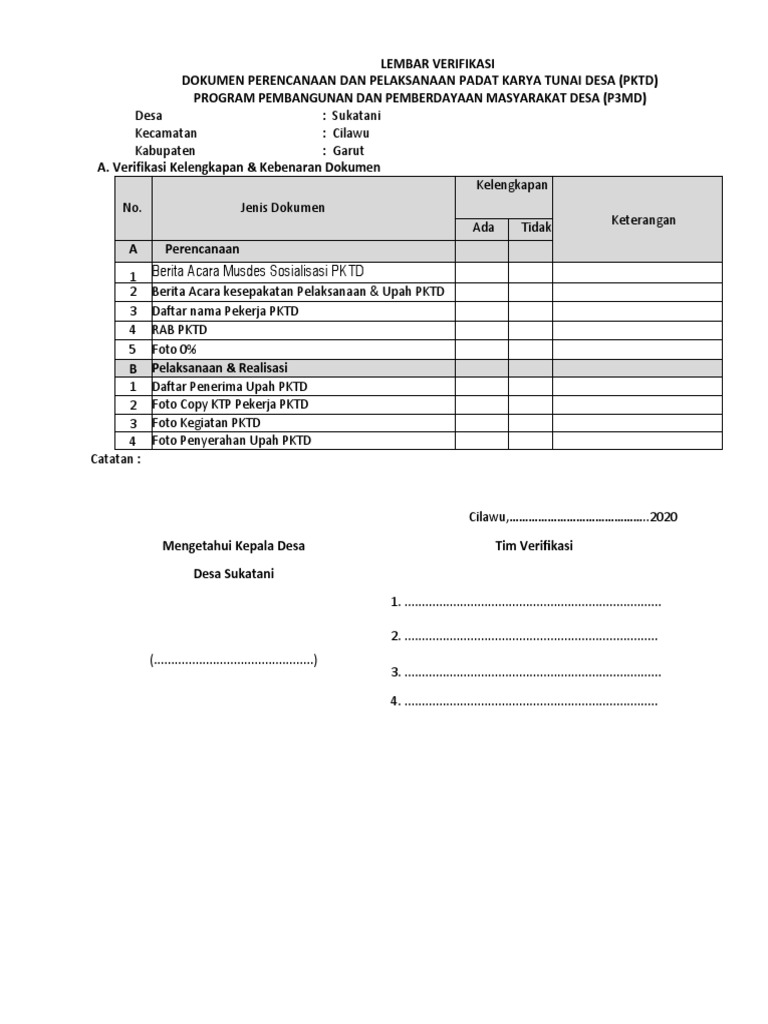 Verifikasi Dokumen PKTD Desa Sukatani | PDF | Bisnis