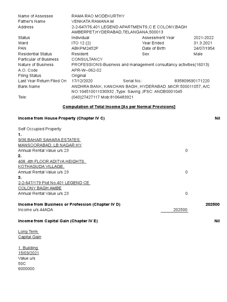 Computation of Total Income (As Per Normal Provisions) Income From ...