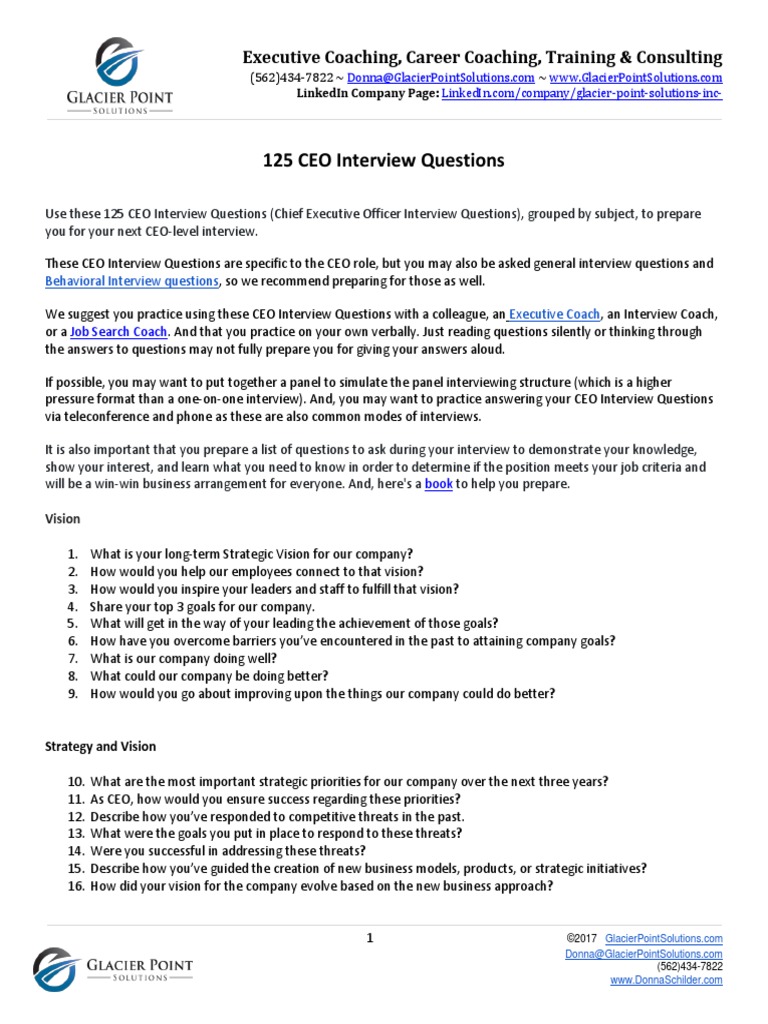 125 CEO Interview Questions: Executive Coaching, Career Coaching ...