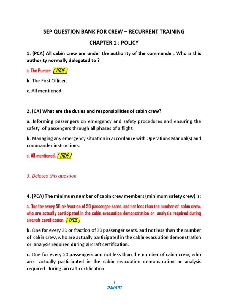 SEP Question Bank for Cabin Crew Training | PDF | Flight Attendant ...