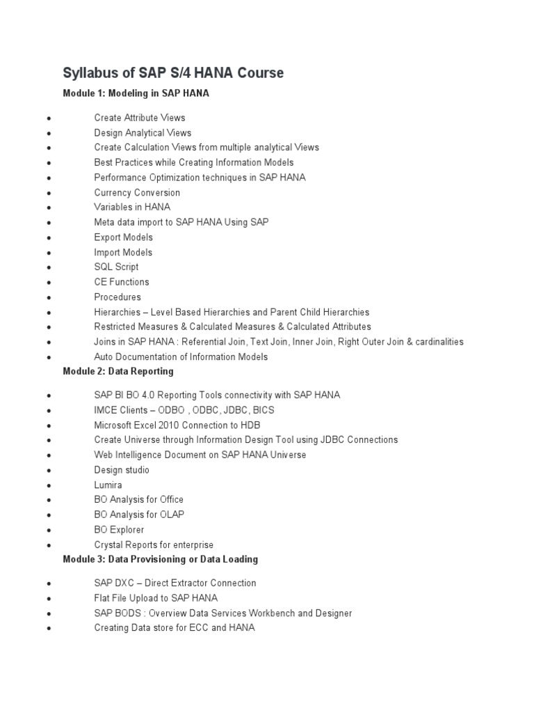 SAP S4 Hana Syllabus PDF Databases Information Technology