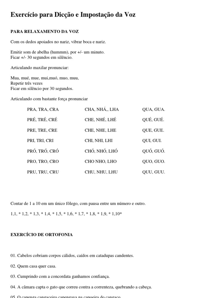 Exercício Para Dicção E Impostação Da Voz Pdf Natureza