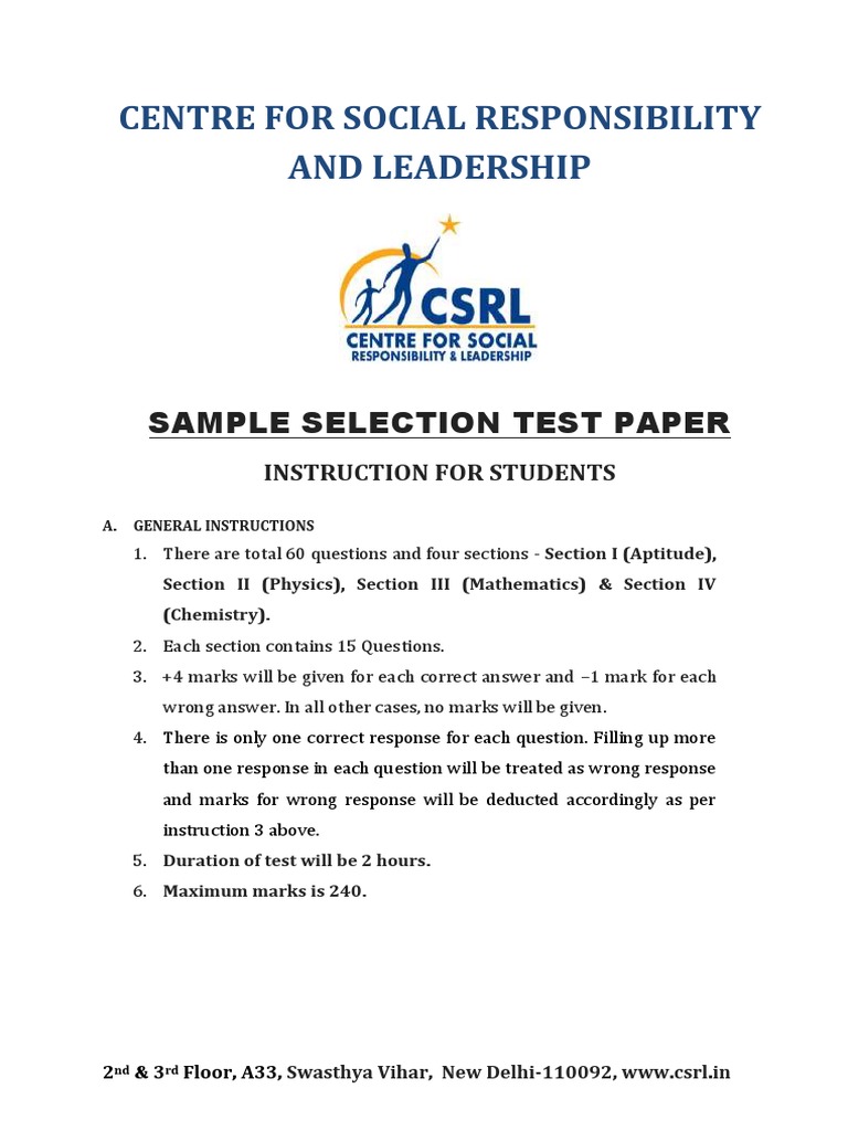 Centre For Social Responsibility and Leadership: Sample Selection Test ...