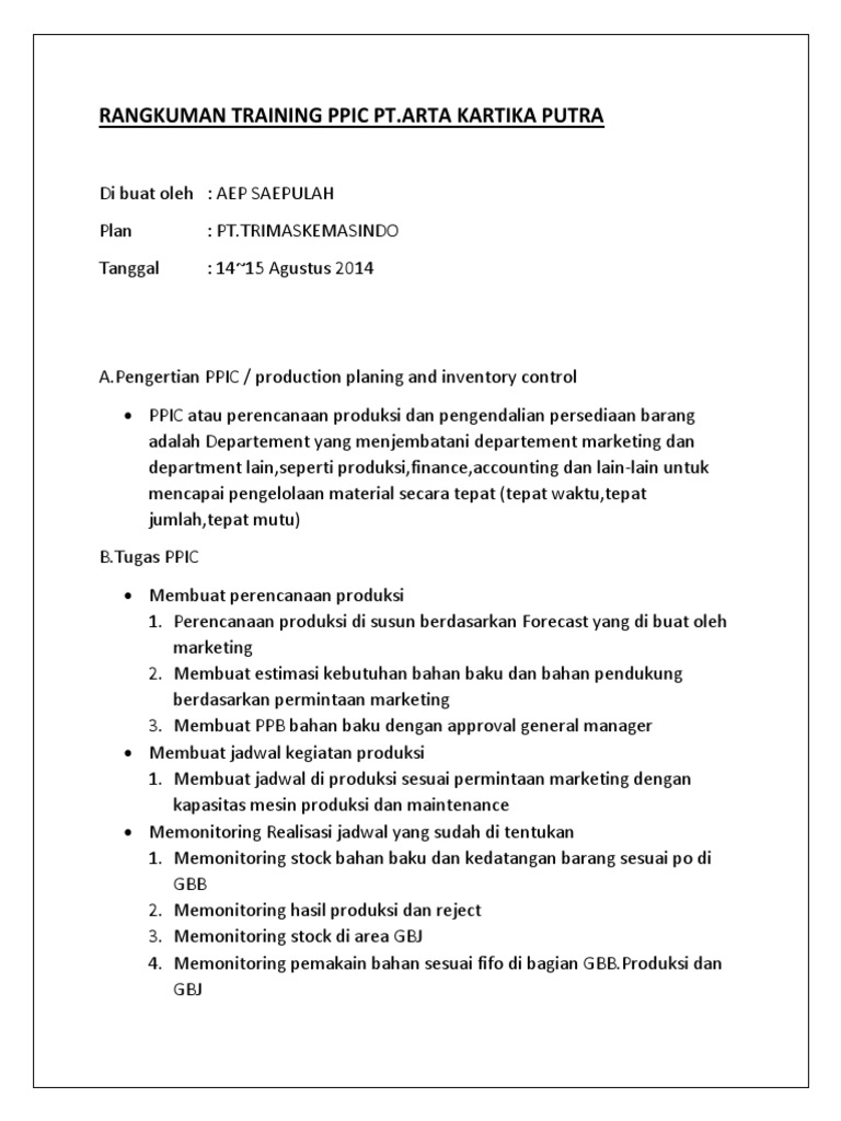Pelatihan PPIC di PT. Arta Kartika Putra | PDF