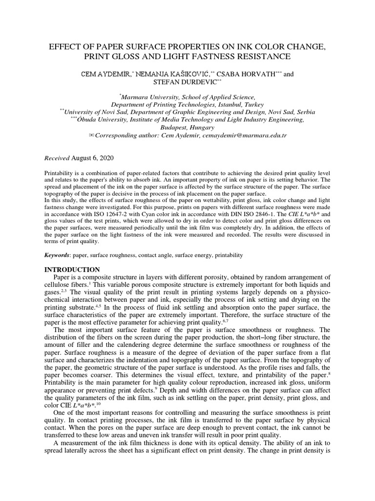 Effect of Paper Surface Properties On Ink Color Change, Print Gloss and ...