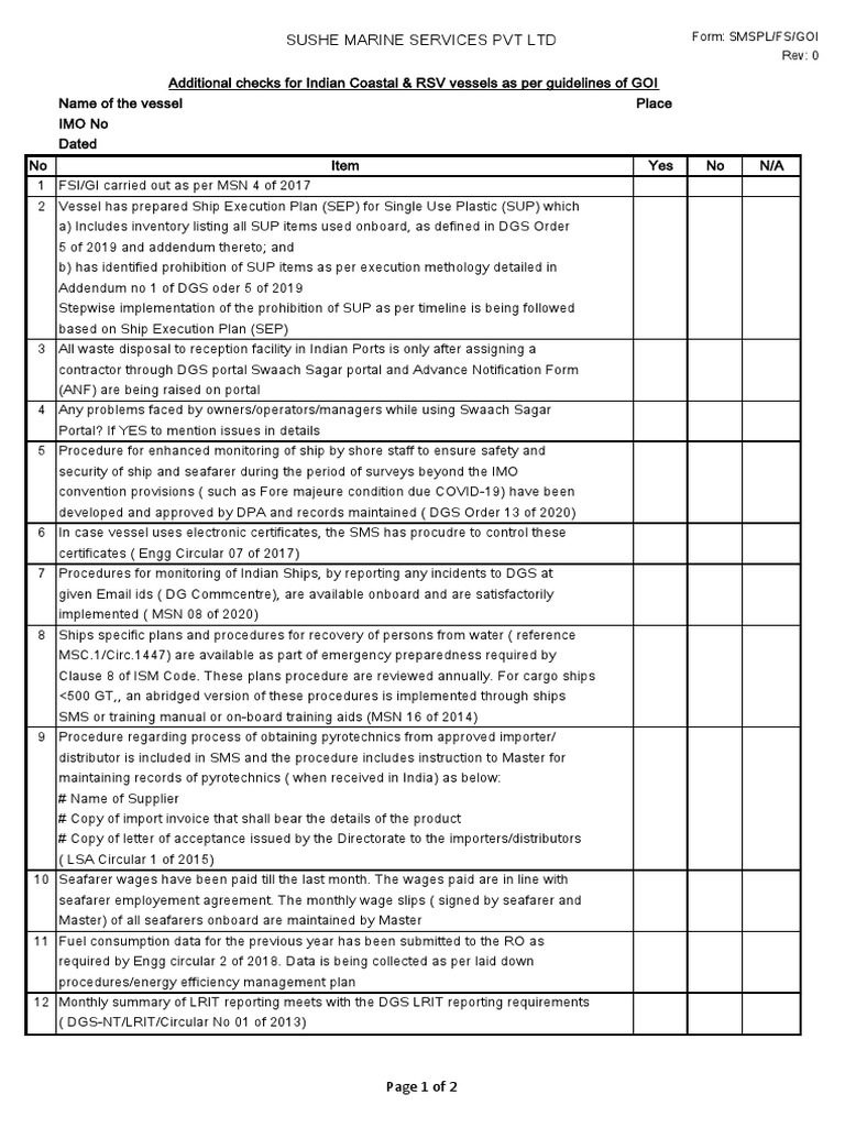 Checklist FS - GOI For All Vessel | PDF