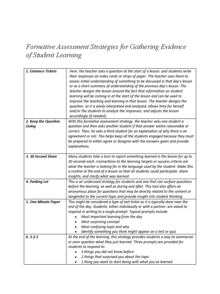 Formative Assessment Strategies For Gathering Evidence of Student ...