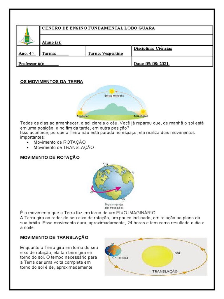 Movimentos da Lua e da Terra para 4º Ano | PDF | Lua | Terra