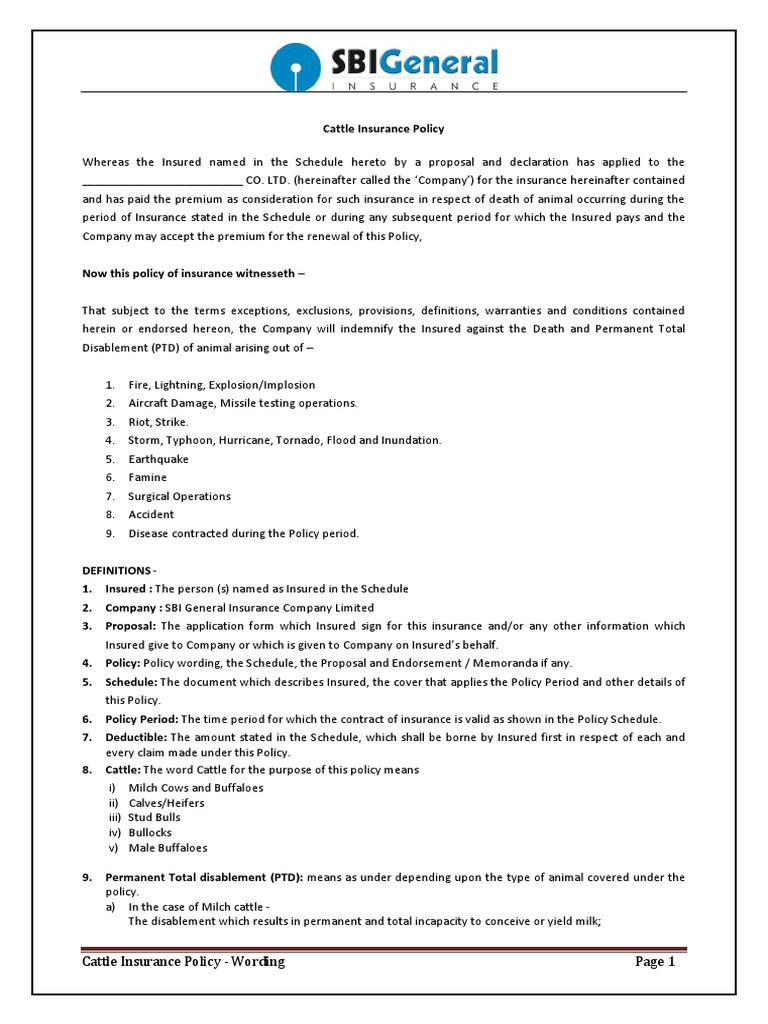 Cattle Insurance Policy Wording PDF Insurance Cattle