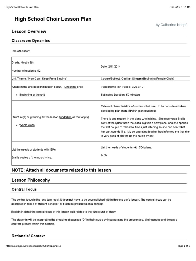 High School Choir Lesson Plan PDF Lesson Plan Learning