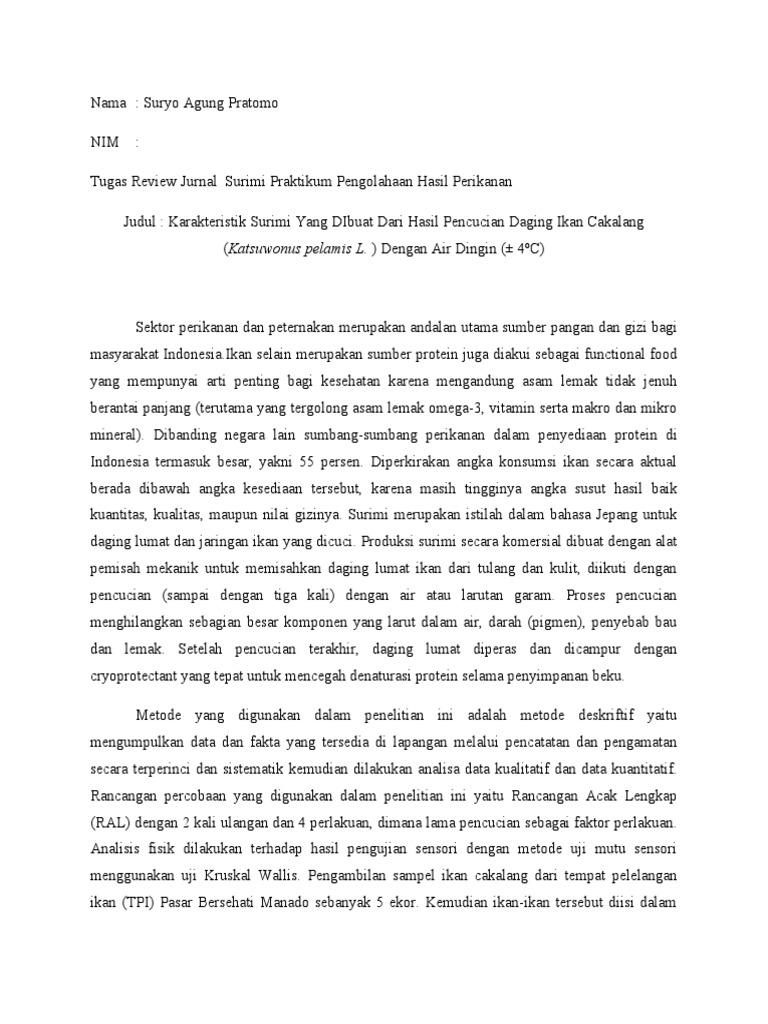 Tugas Review Jurnal Surimi Karakteristik Surimi Yang DIbuat Dari