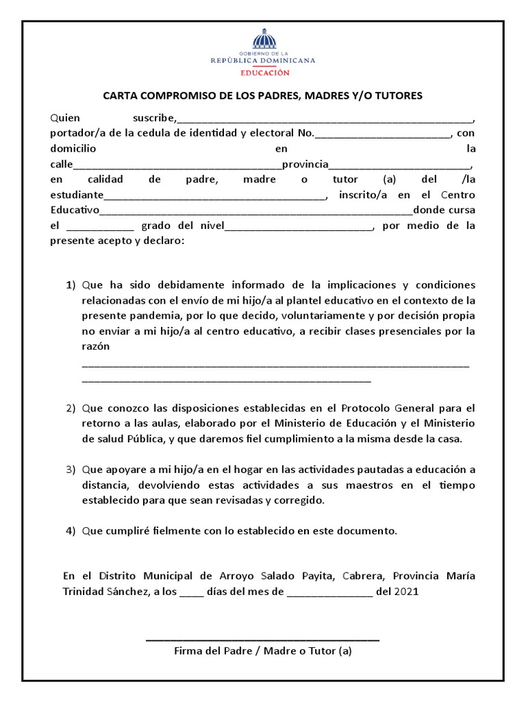 Carta Compromiso de Padres para Escuela | PDF | Salud y bienestar