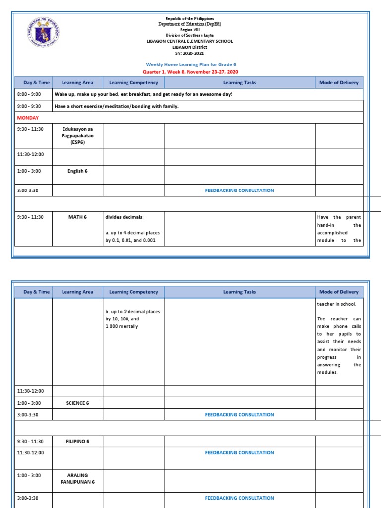Grade 6 Weekly Learning Plan | PDF | Communication | Applied Psychology