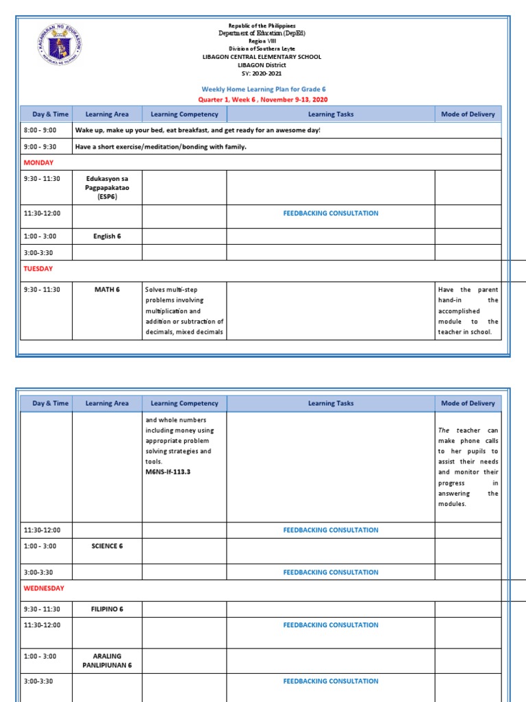 WHLP Grade 6 Q1 W6 All Subjects | PDF | Cognition | Communication