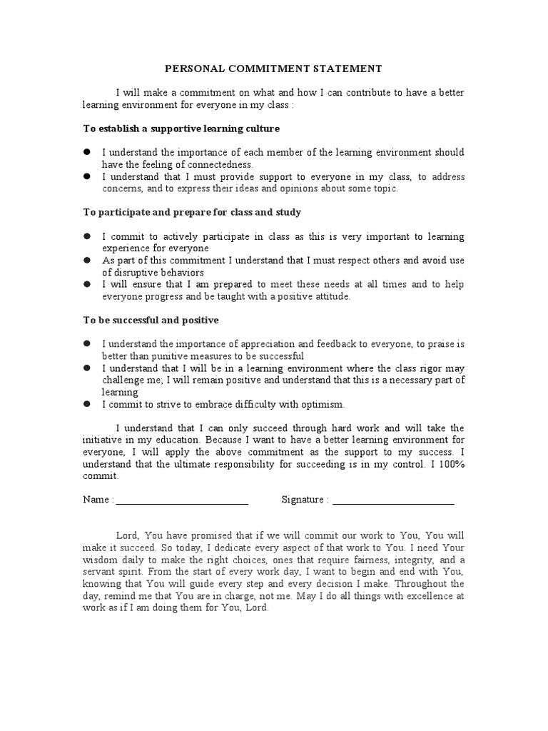 Personal Commitment Statement: To Participate and Prepare For Class and ...