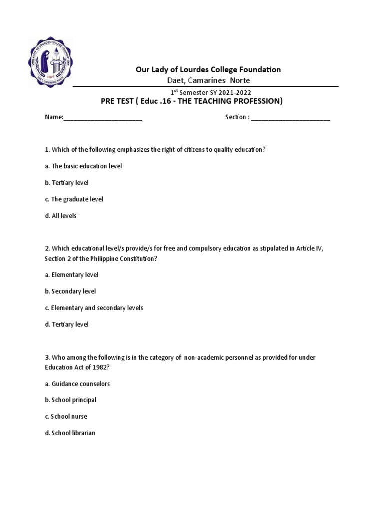 Teaching Profession Pre-Test Questions | PDF | Teachers | Tuition Payments