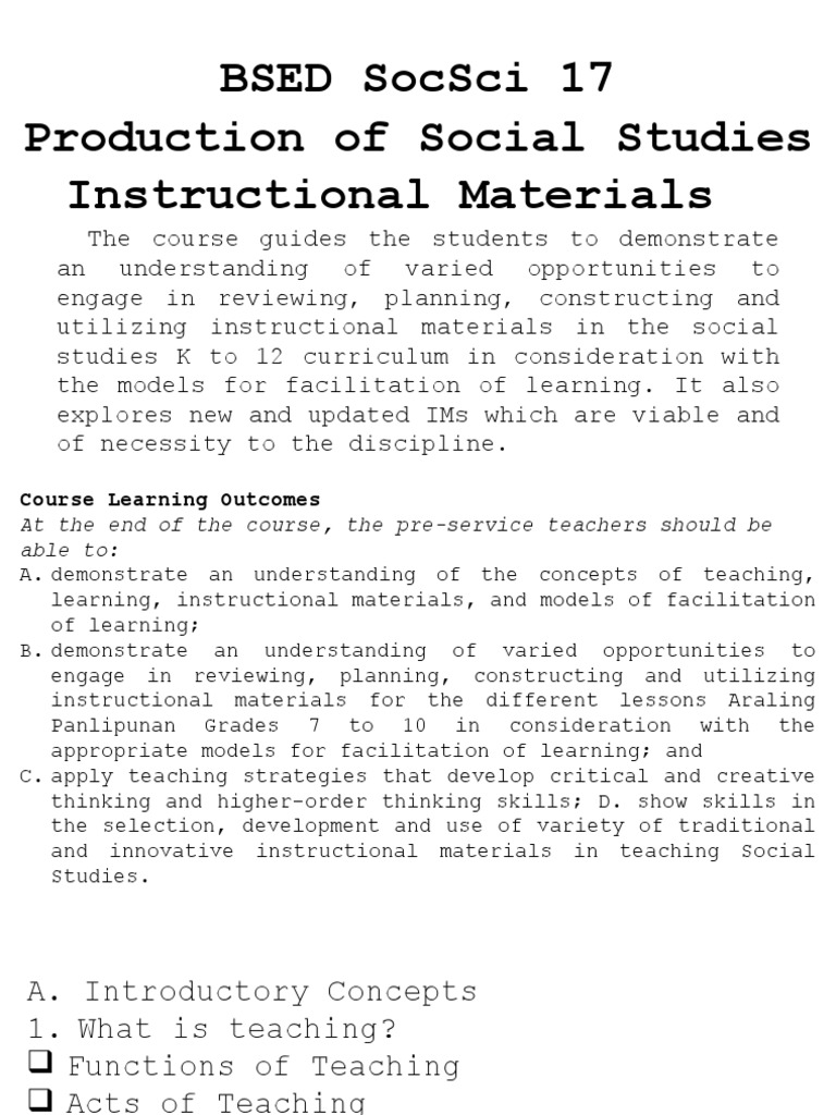 Production of Social Studies Instructional Materials Bsed Socsci 17