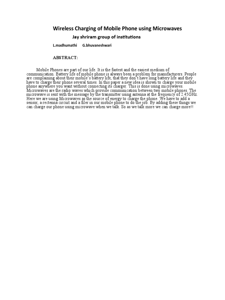 9.3wireless Charging of Mobile Phone Using Microwaves - Abstrc | PDF