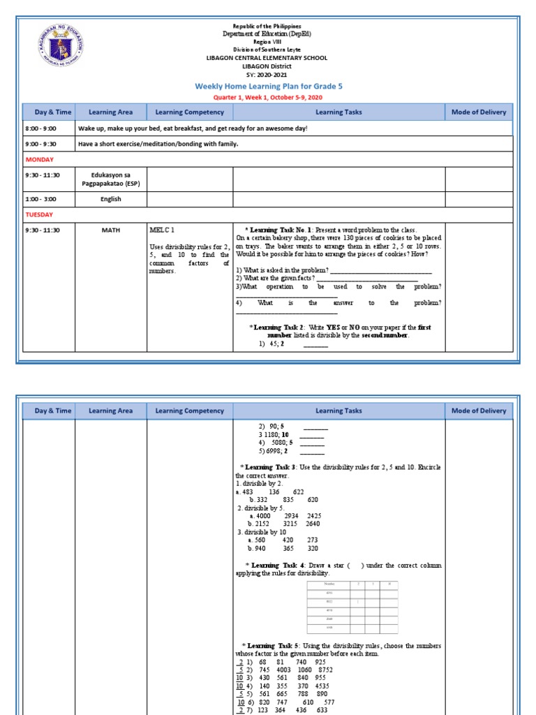 Grade 5 Weekly Learning Plan: Q1 W1 | PDF | Pedagogy | Teaching