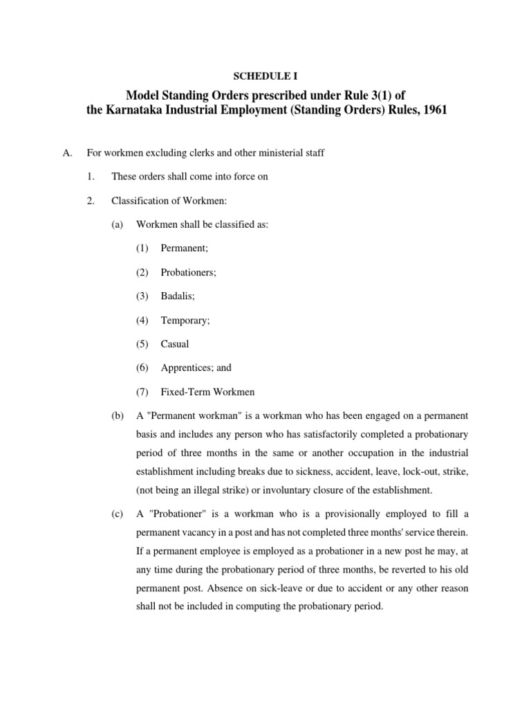 Karnataka Model Standing Orders 1961 | PDF | Employment | Layoff