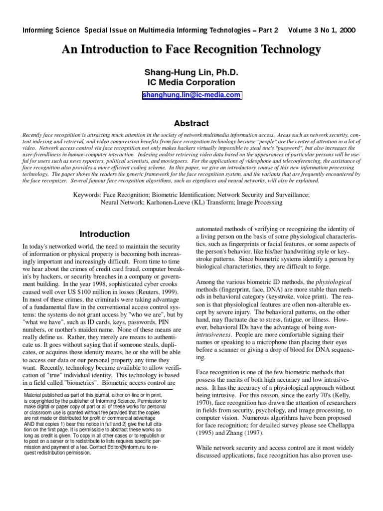 An Introduction To Face Recognition Technology | PDF