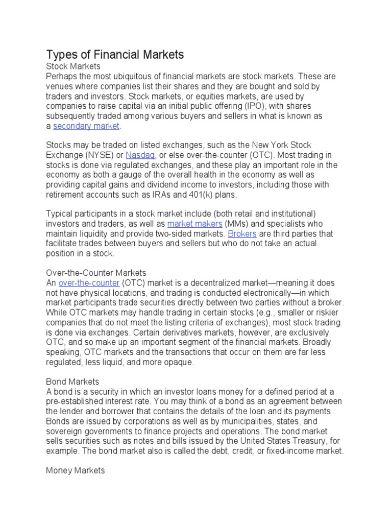 Types of Financial Markets PDF Financial Markets Commodity Markets