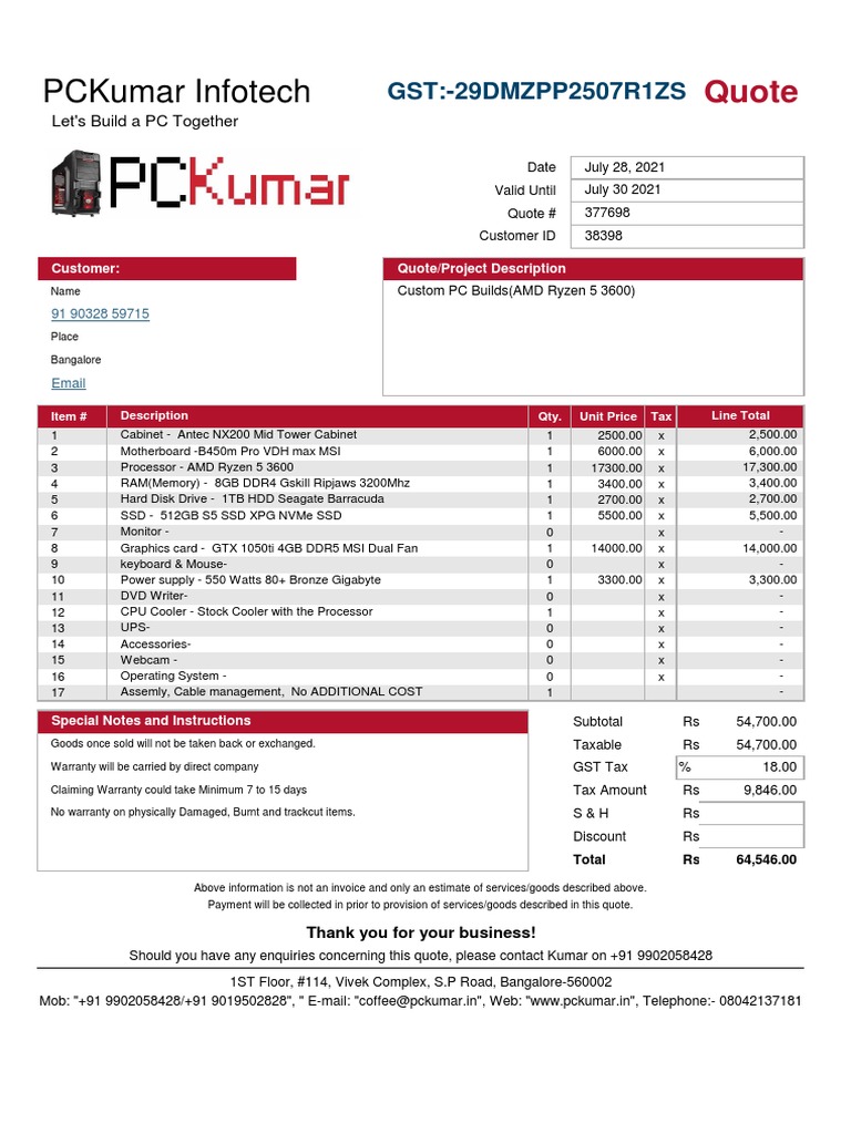 Custom PC Build Quote from PCKumar | PDF | Personal Computers | Laptop