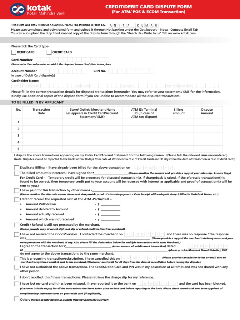 Cardholder Dispute Form PDF Debit Card Credit Card