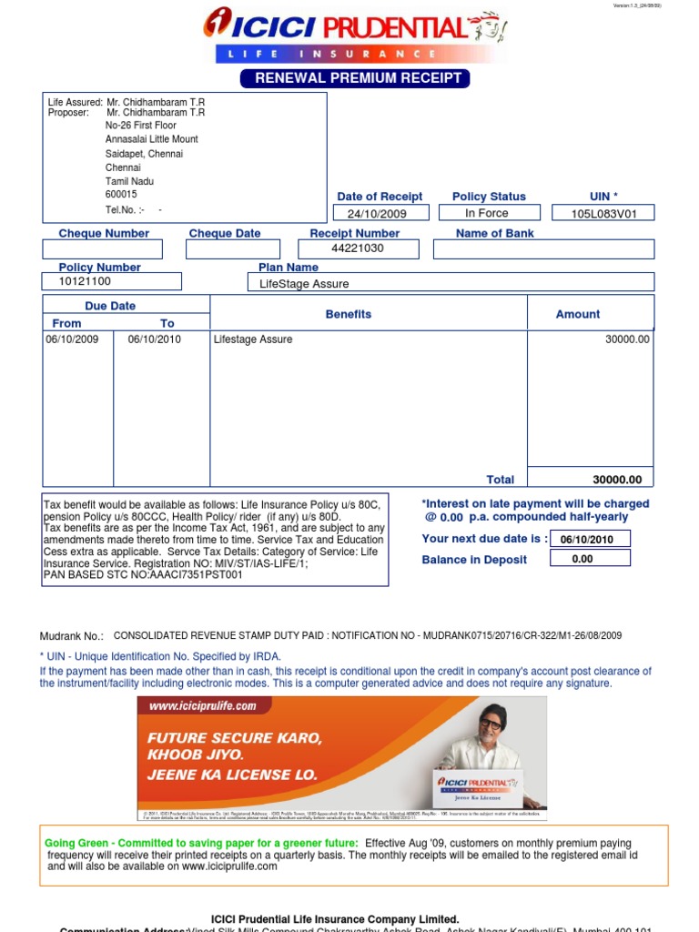 Icici Prudential Life Insurance Renewal Premium Receipt - Thismylife Lovenhate