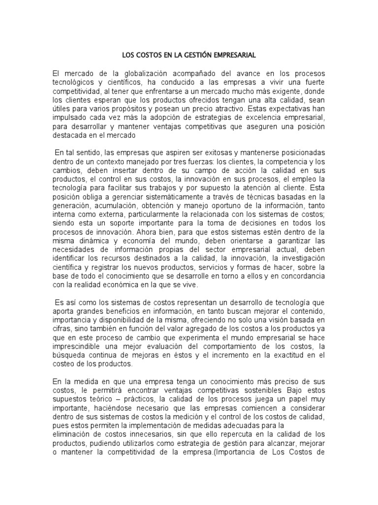 Los Costos en La Gestión Empresarial | PDF | Planificación | Calidad ...