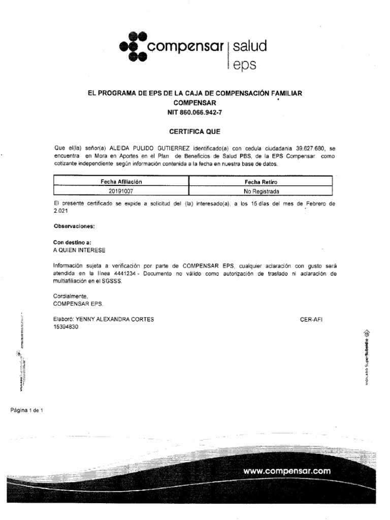 Certificación Compensar Salud011 | PDF