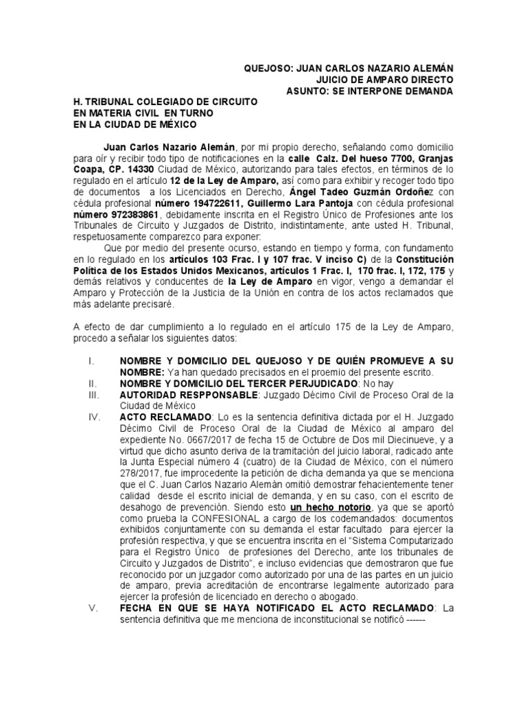 Amparo de Juan Carlos Nazario Alemán | PDF | Caso de ley | Demanda judicial