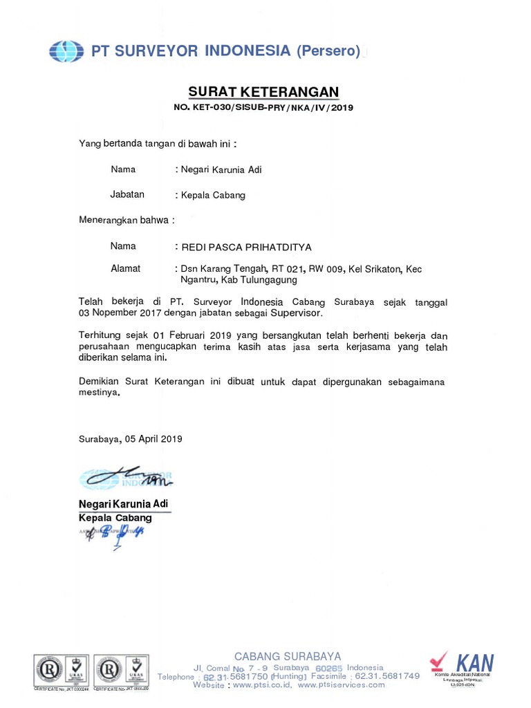 Surat Keterangan Pekerjaan Pt Surveyor Indonesia Pdf