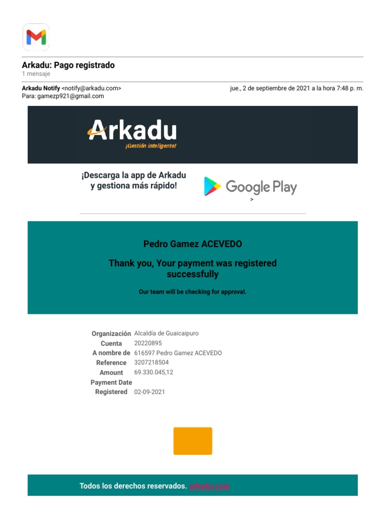 Confirmación de Pago en Arkadu | PDF