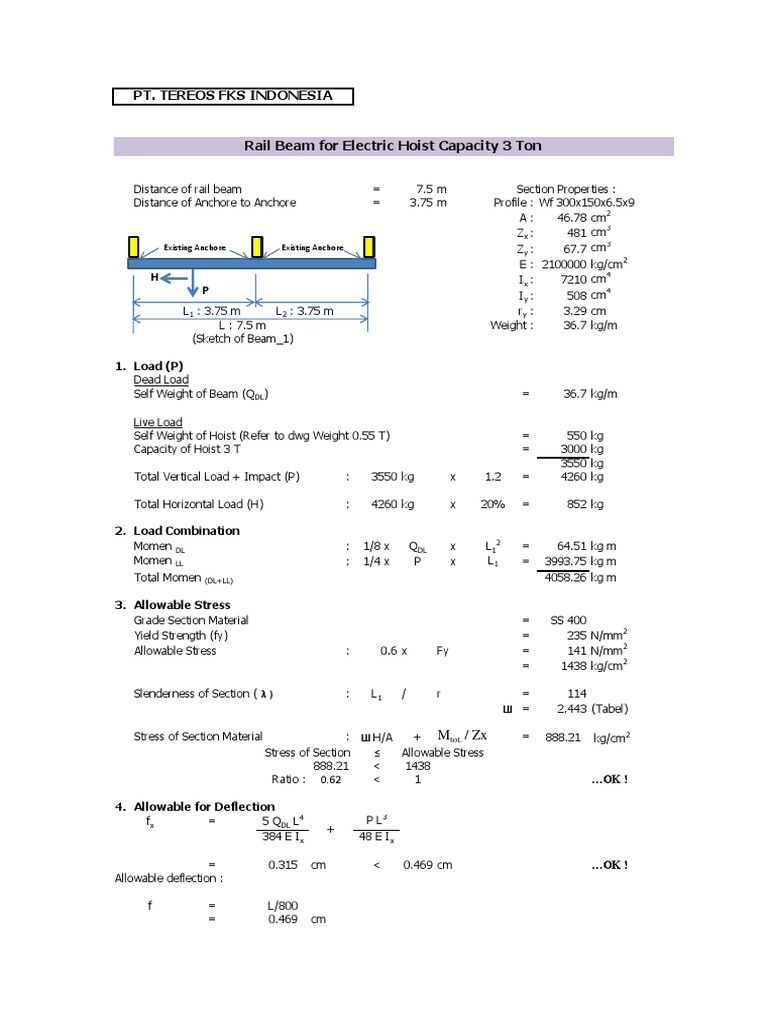 Calculation Rail Beam (Hoist Capacity 3 Ton) PDF Materials Mechanics