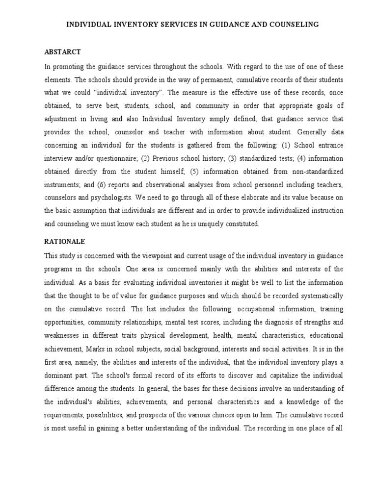 Individual Inventory Services in Guidance and Counseling Abstarct