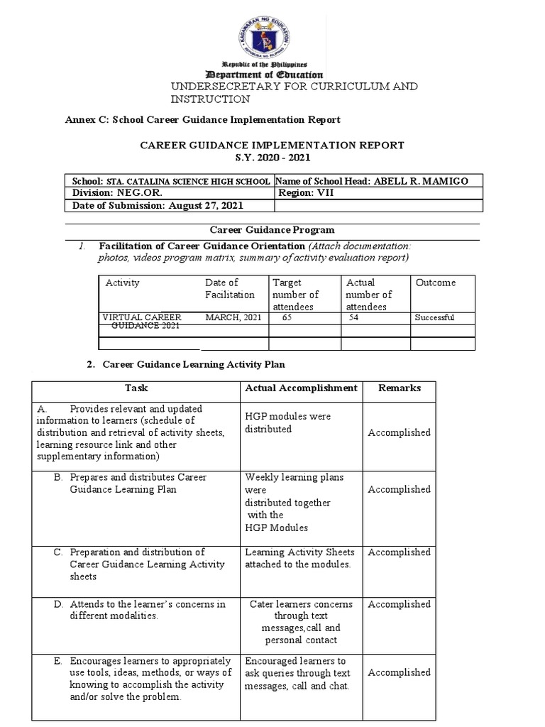 Career Guidance Implementation Report 2021 | PDF | Learning | Curriculum