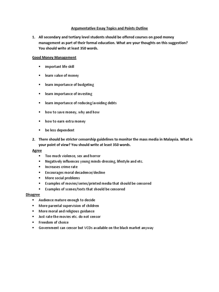 Argumentative Essay Topics and Points Outline | Censorship ...