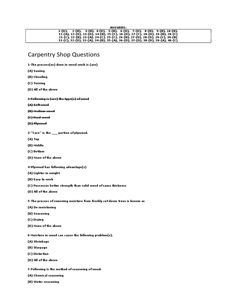 Carpentry Shop Questions PDF Construction