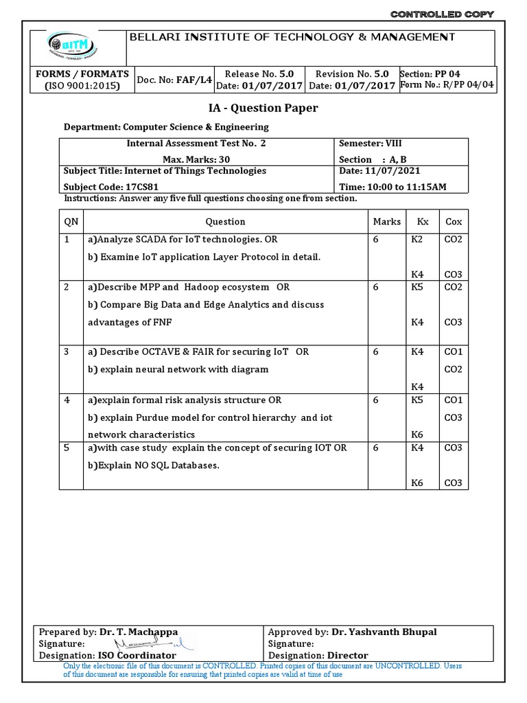 IA - Question Paper: Bellari Institute of Technology & Management | PDF ...