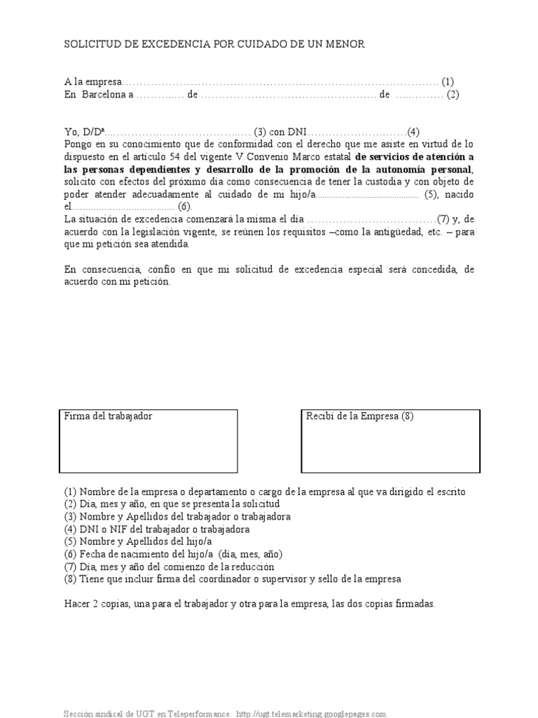 Solicitud Excedencia Cuidado De Un Menor 1 