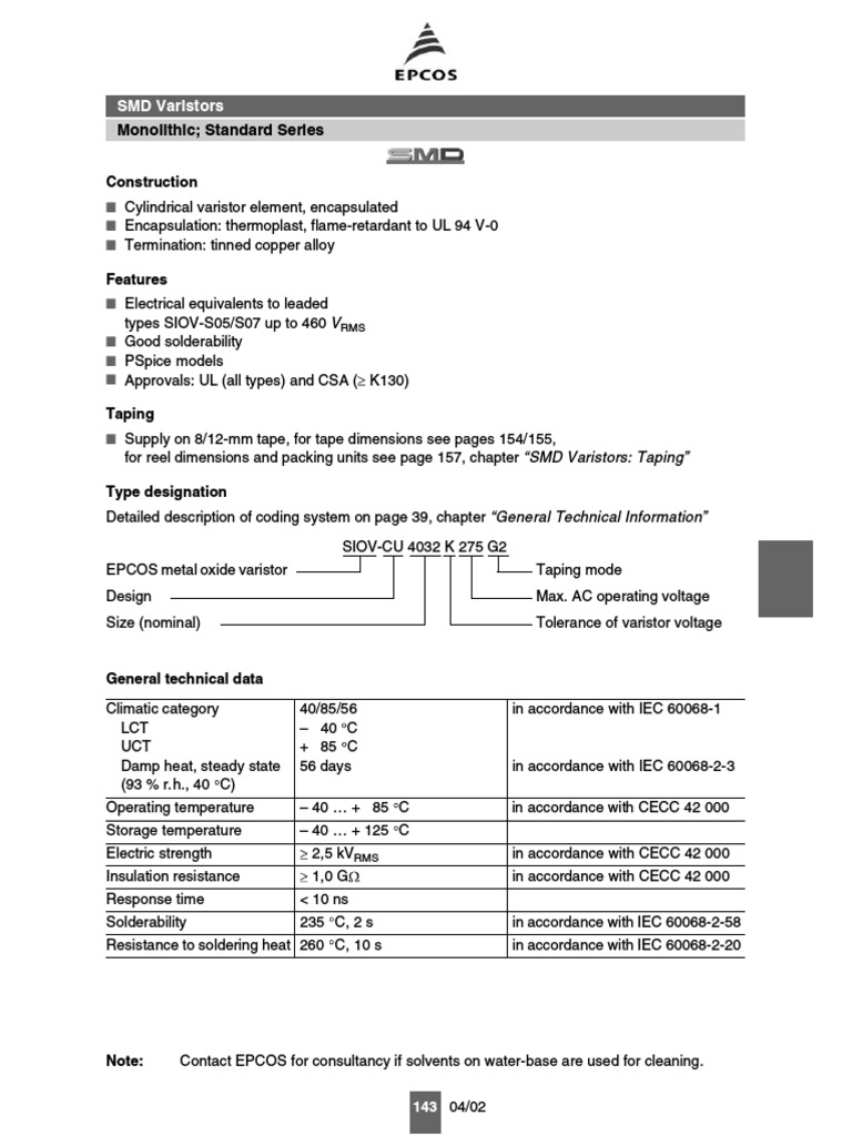Epcos Varistor SIOVGENERAL PDF Soldering Electrical Engineering