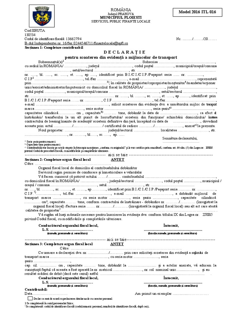 ITL 016 - Declaratie Pentru Scoaterea Din Evidenta A Mijloacelor de ...