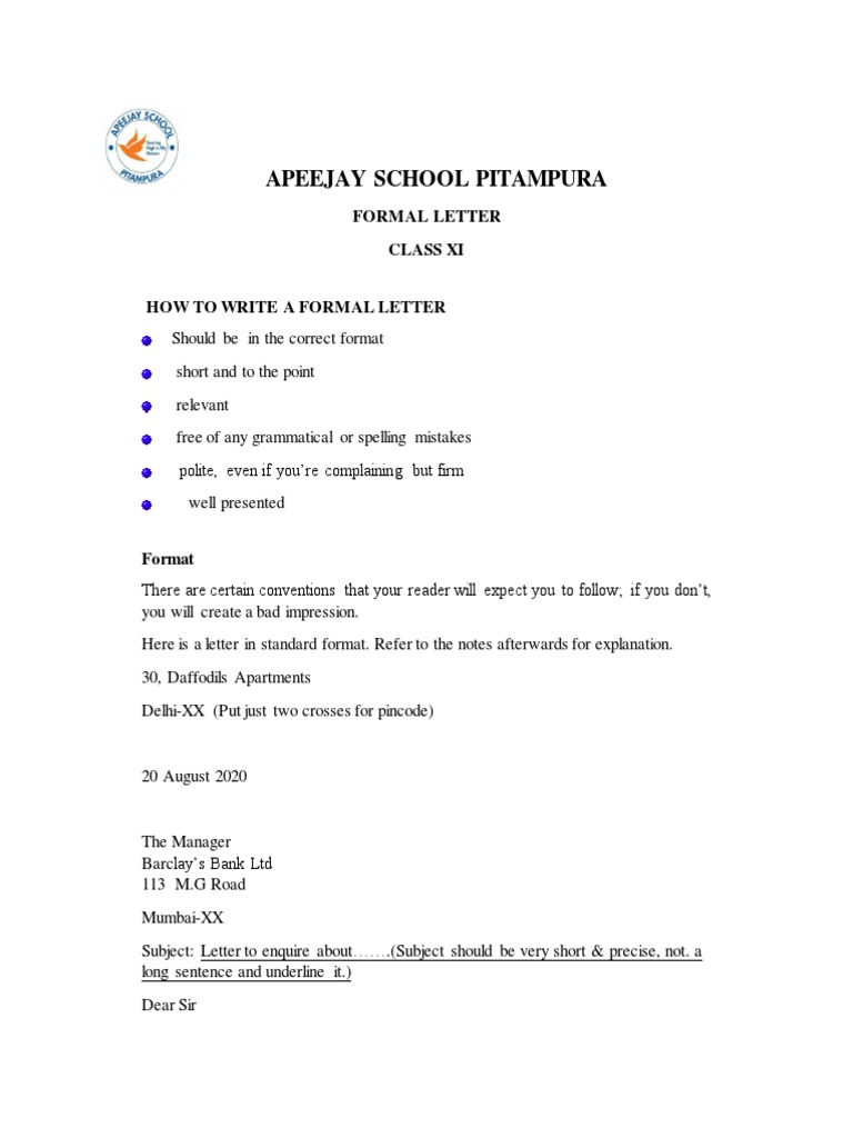 Apeejay School Pitampura: Formal Letter Class Xi | Pdf | Madam | Cognition