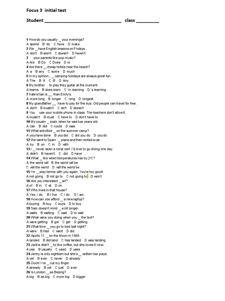 Focus 3 Initial Test Student - Class | PDF | Art