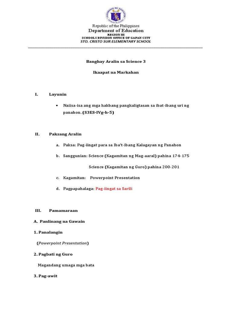Lesson Plan In Science Cot Pdf