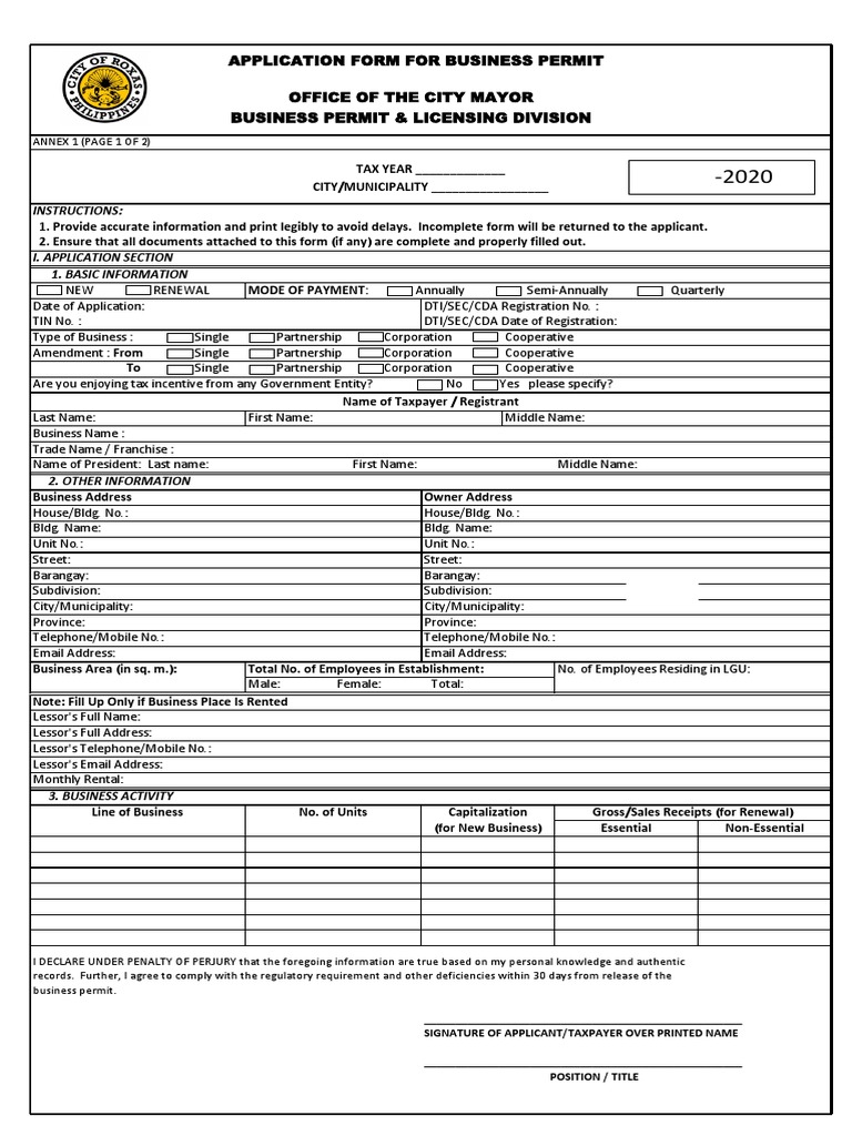 Application Form For Business Permit Office of The City Mayor Business ...