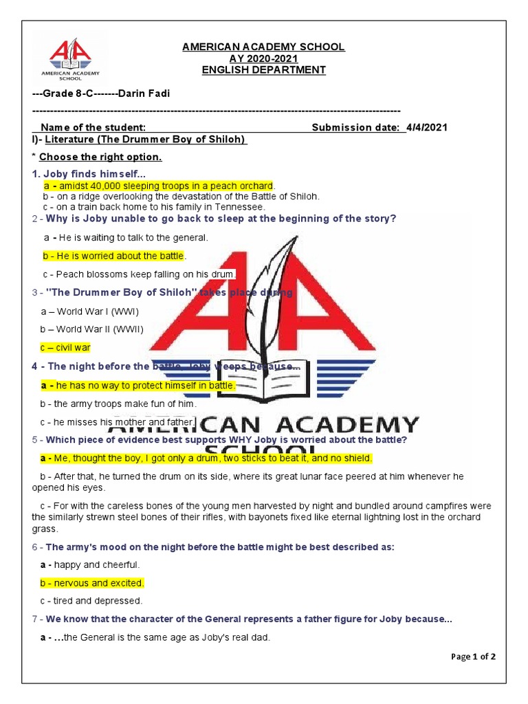 The Drummer Boy of Shiloh. GR8. ENGFEB2020 2021 Worksheet. MR