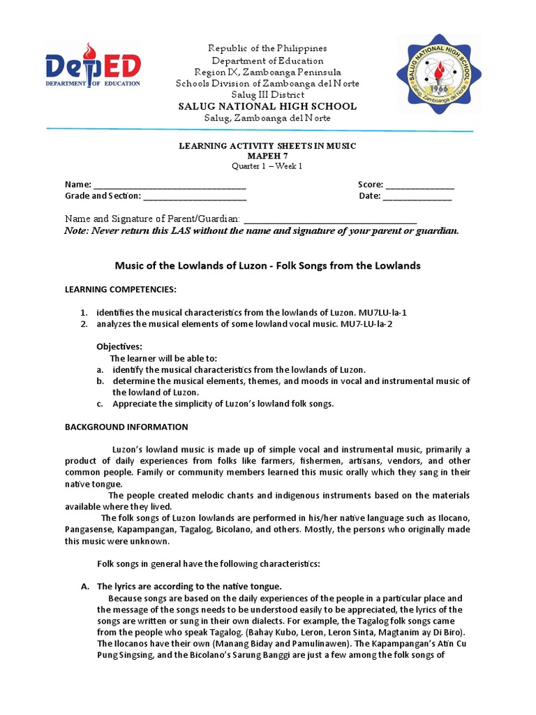 Grade 7 MAPEH Music Activity Sheet | PDF | Songs | Luzon