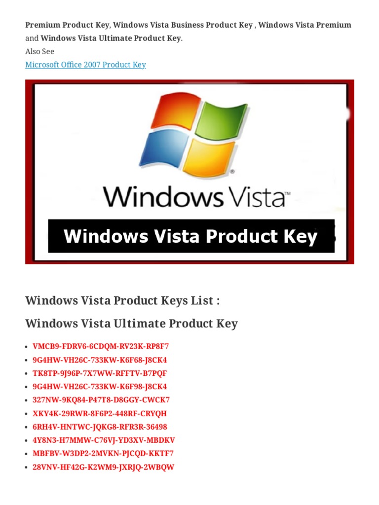 Windows Vista Product Key Serial Key Free (100% Working) | PDF